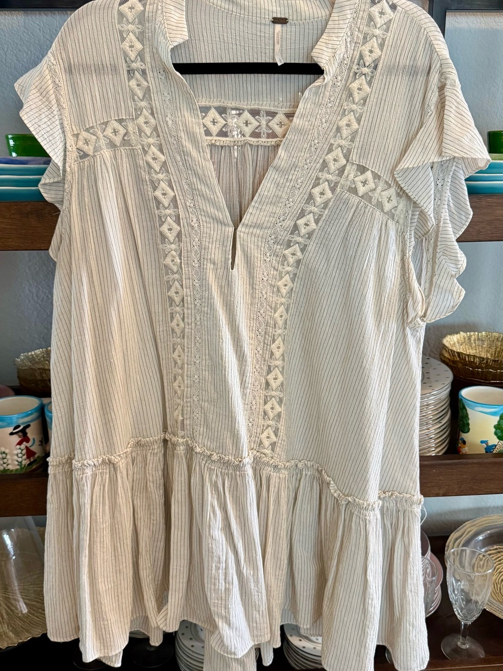 Free People Cream Striped Mini Dress with Embroidered Trim